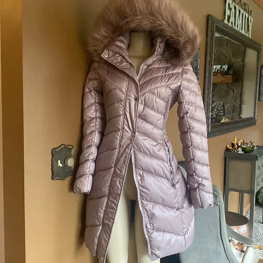 $295 Kenneth Cole Long Puffer Coat hooded fur trim XS